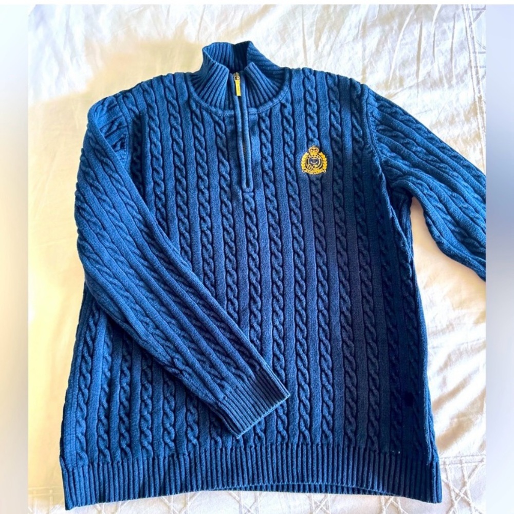 Navy Blue Cable Knit Sweater with Gold Emblem